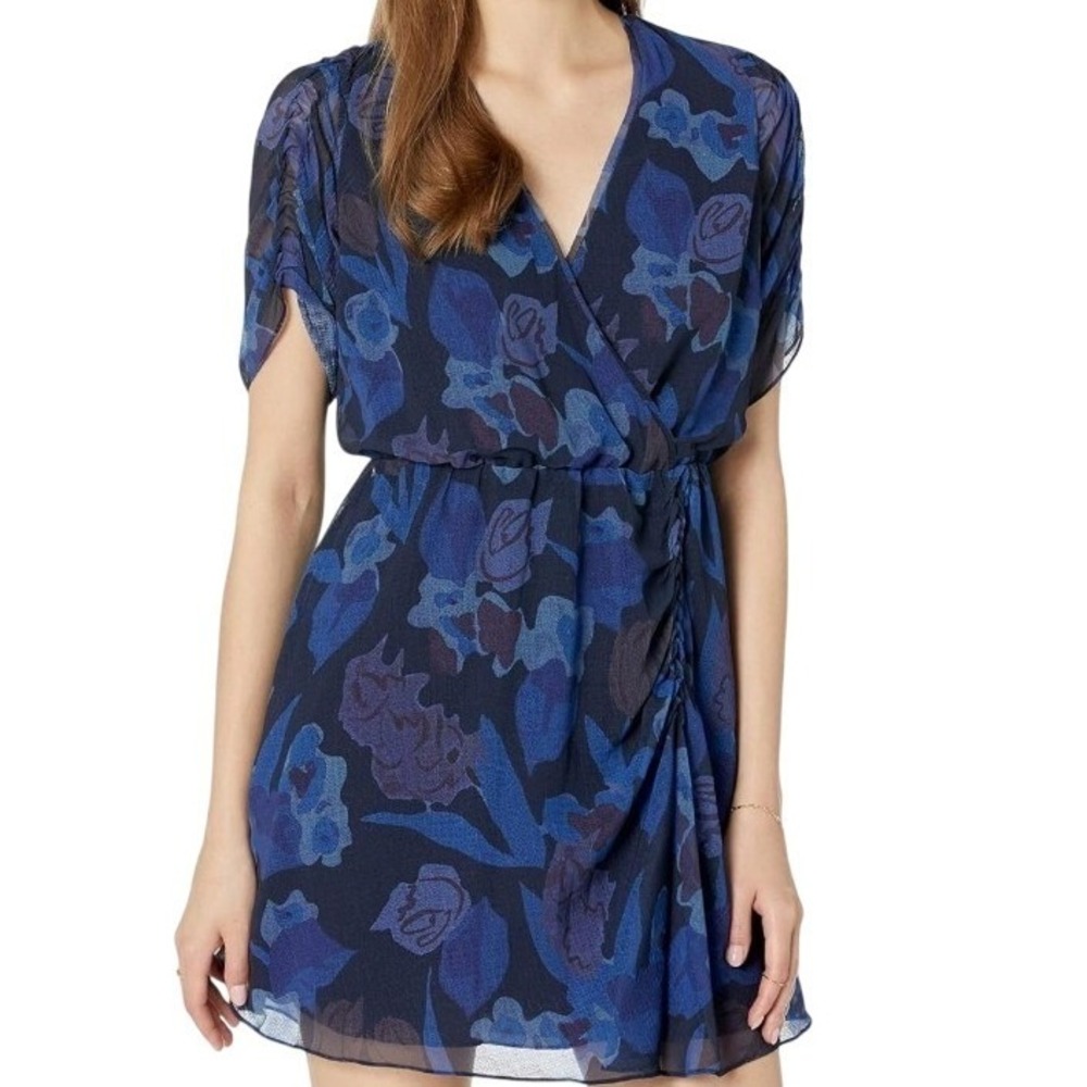 TED BAKER NWT Size 4 Blue Juleah Floral Print Mini Dress Ruched Sleeves Lined